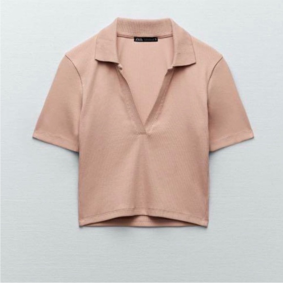 Zara pink salmon ribbed collared neck polo short sleeve crop top - Picture 2 of 8